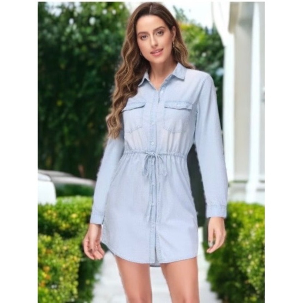 Anna-Kaci Shirt Dress M Light Blue Chambray Drawstring Waist Cottagecore Western